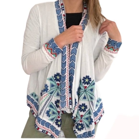 Johnny Was Floral Embroidered Open Draped Waterfall Knit Cardigan White Size M - Picture 11 of 11